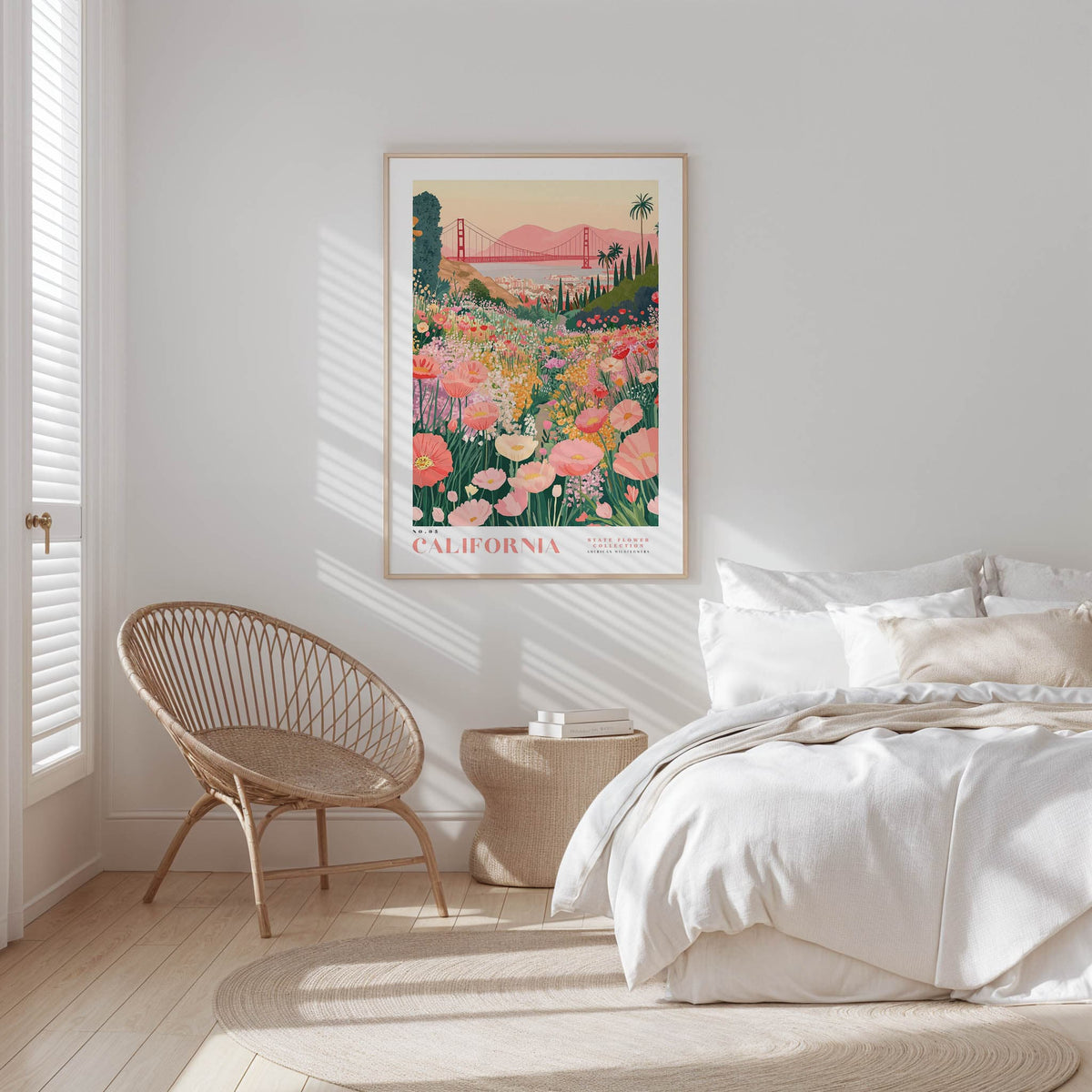 a bedroom with a large framed poster of a colorful floral landscape hanging on the wall above a bed with white bedding.
