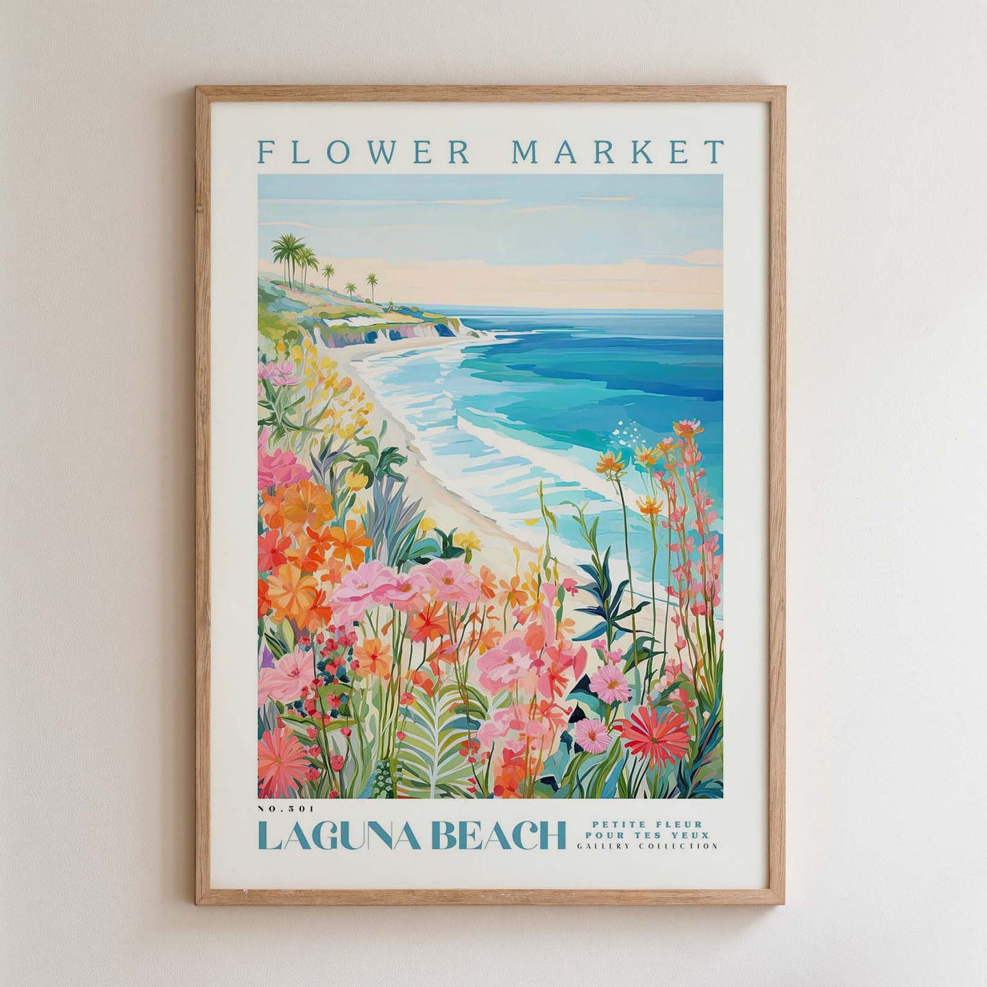 The image is a framed poster depicting a vibrant and colorful scene of a flower market on Laguna Beach, California.