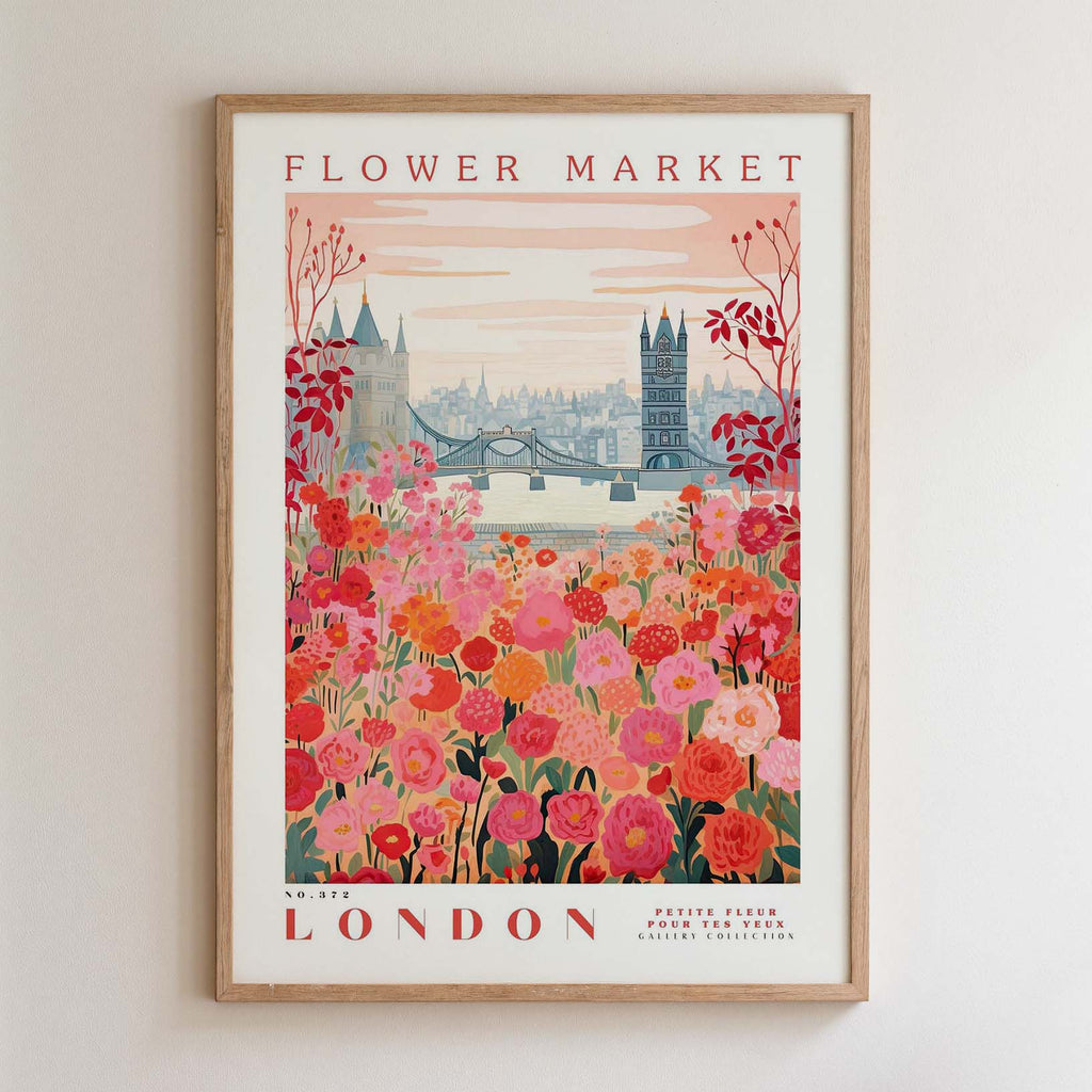 The image is a framed poster depicting a vibrant flower market in London, with a cityscape in the background and a variety of colorful flowers in the foreground.