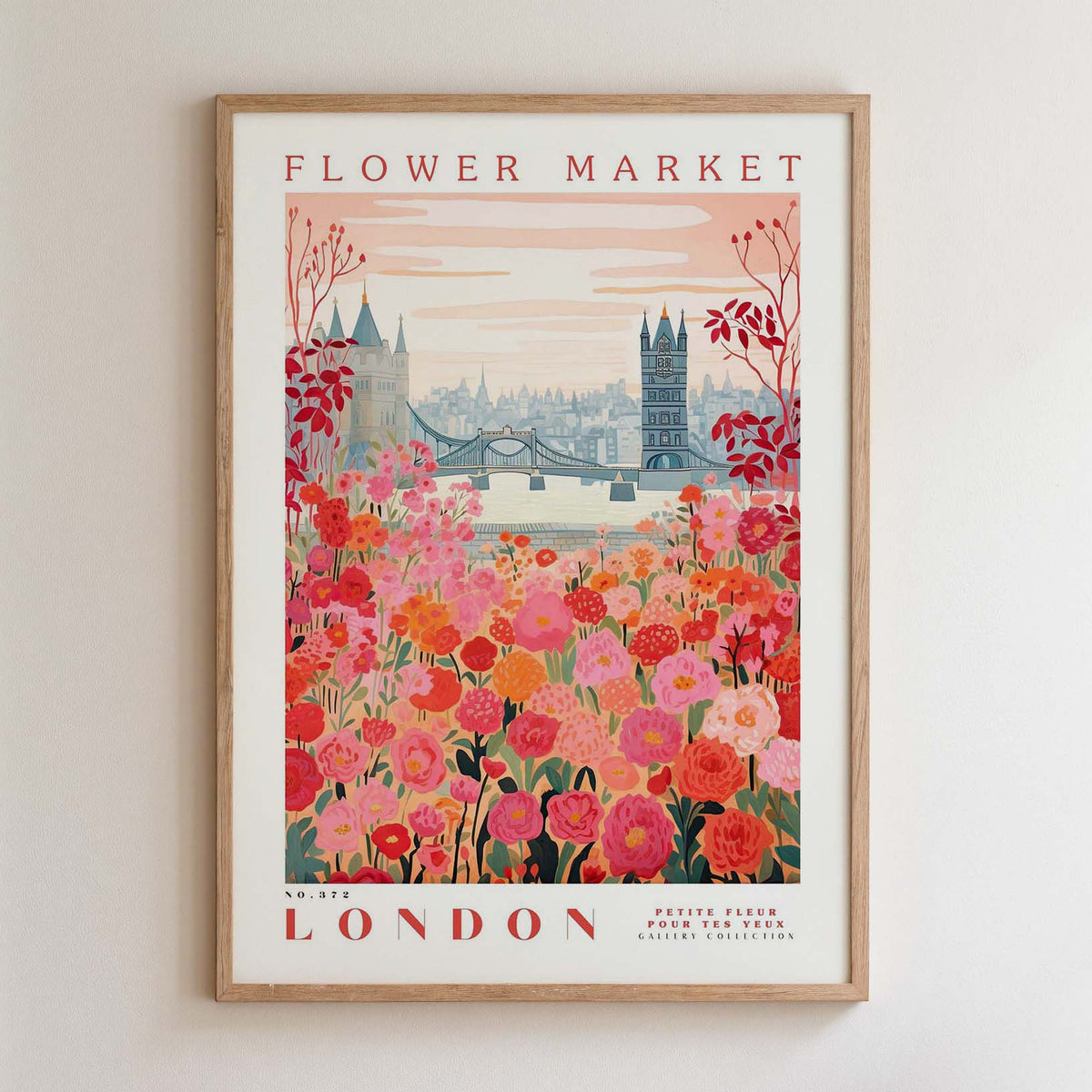The image is a framed poster depicting a vibrant flower market in London, with a cityscape in the background and a variety of colorful flowers in the foreground.