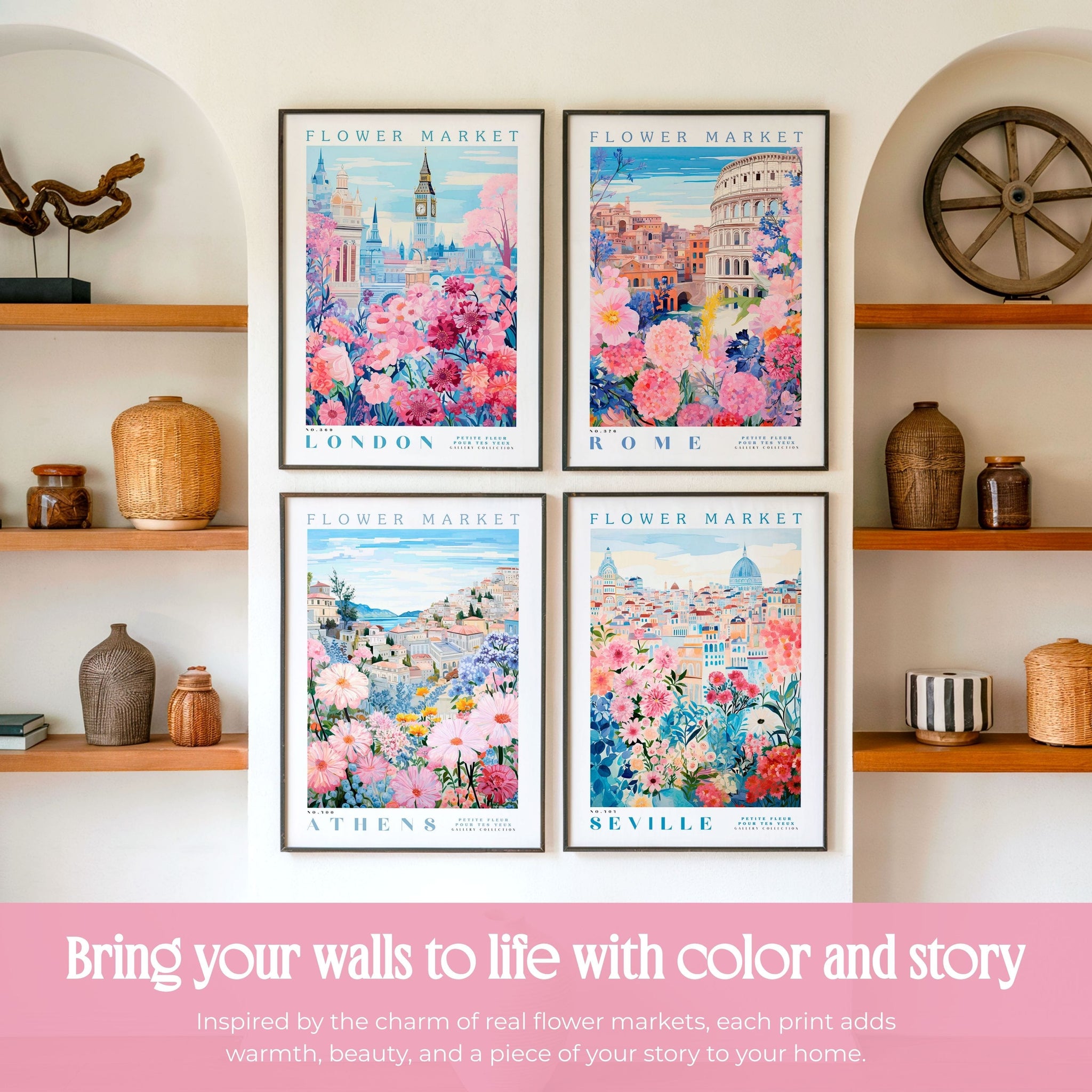 four framed prints of flower market scenes from different cities, including London, Rome, Athens, and Seville, displayed on a wall above wooden shelves with various decorative items.