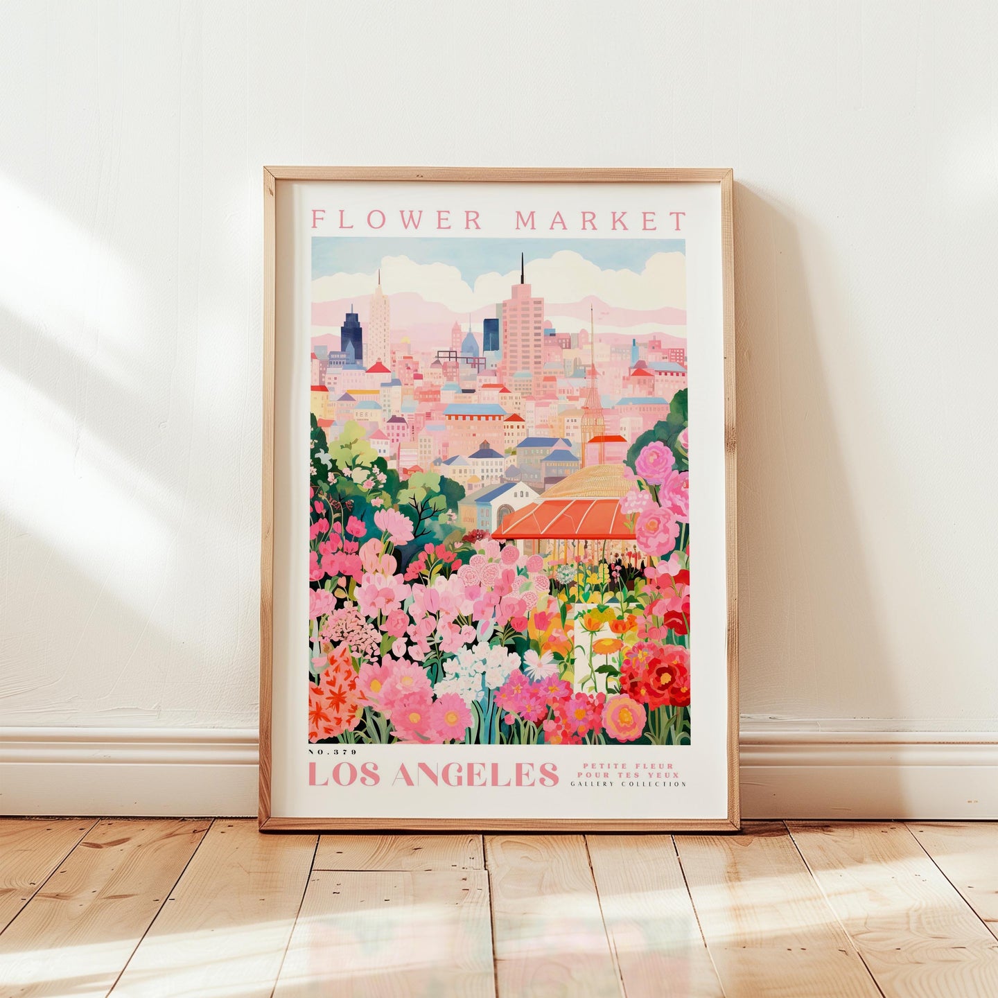 A framed poster depicting a colorful and vibrant cityscape with a flower market in the foreground, surrounded by lush greenery and blooming flowers.