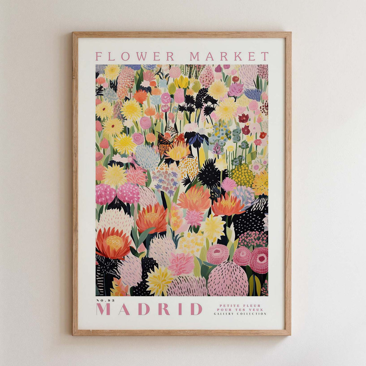 The image is a framed poster of a vibrant and colorful floral arrangement, likely from a flower market.