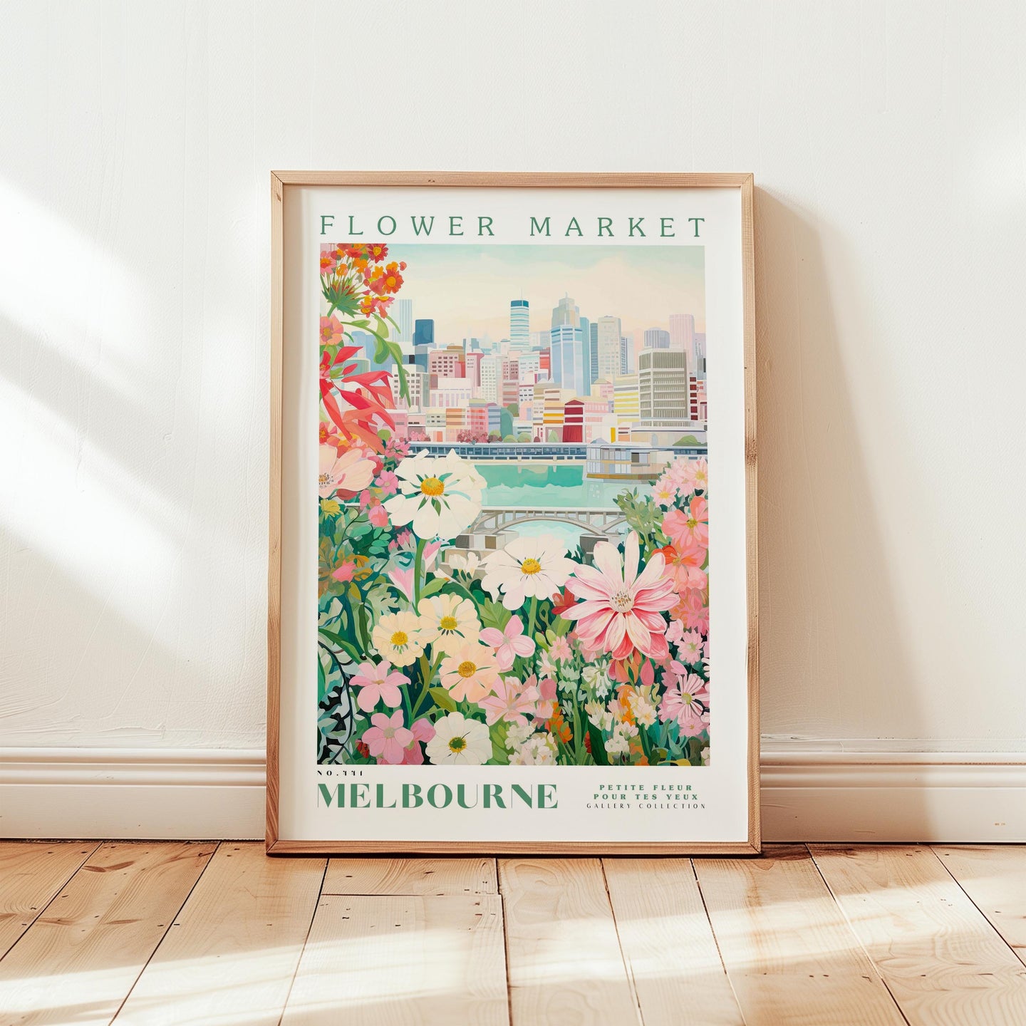 A framed poster of a cityscape with a flower market in the background, featuring a variety of colorful flowers and plants.