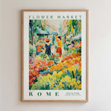 The image is a framed poster depicting a vibrant flower market in Rome, with people browsing and purchasing flowers.