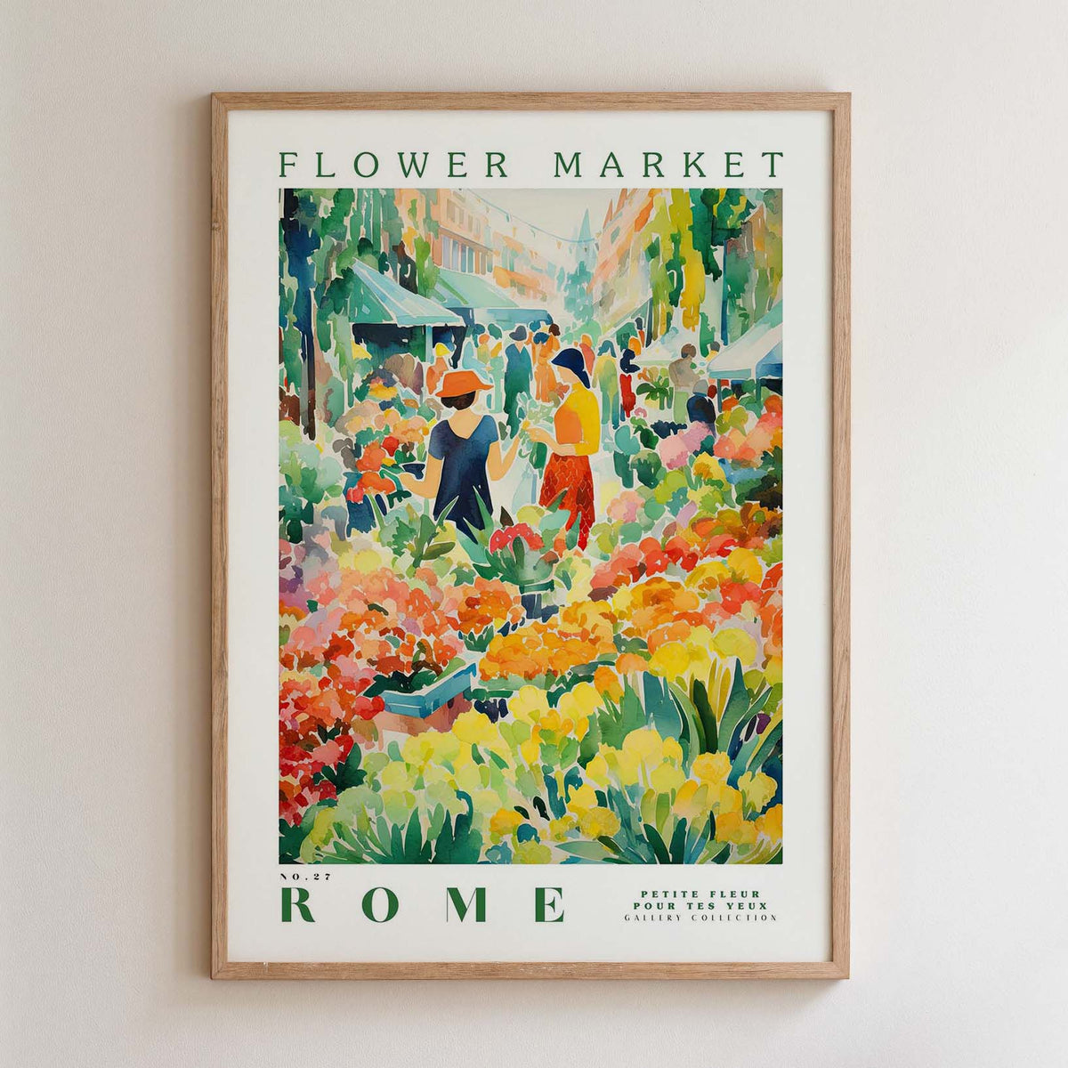 The image is a framed poster depicting a vibrant flower market in Rome, with people browsing and purchasing flowers.