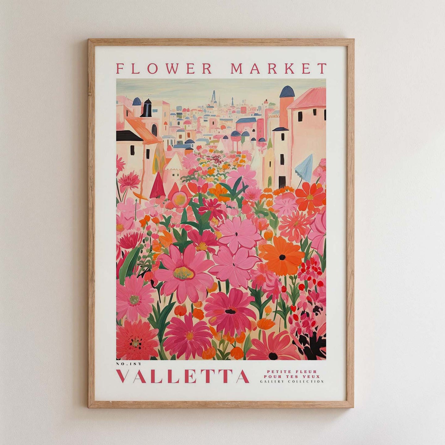 The image is a framed poster depicting a vibrant and colorful flower market in Valletta, Malta.