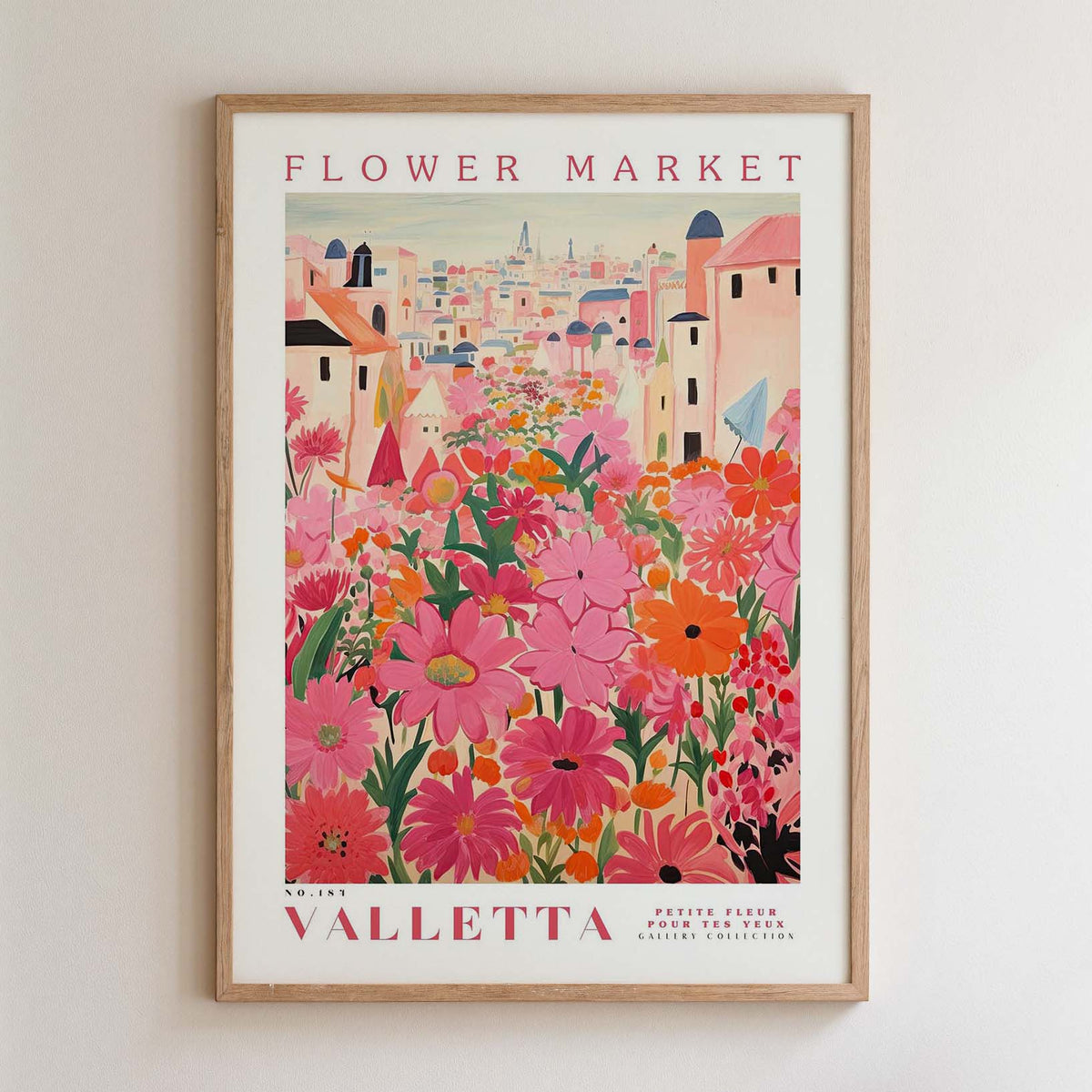 The image is a framed poster depicting a vibrant and colorful flower market in Valletta, Malta.