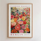 The image is a framed poster depicting a vibrant and colorful flower market in Berlin, Germany.
