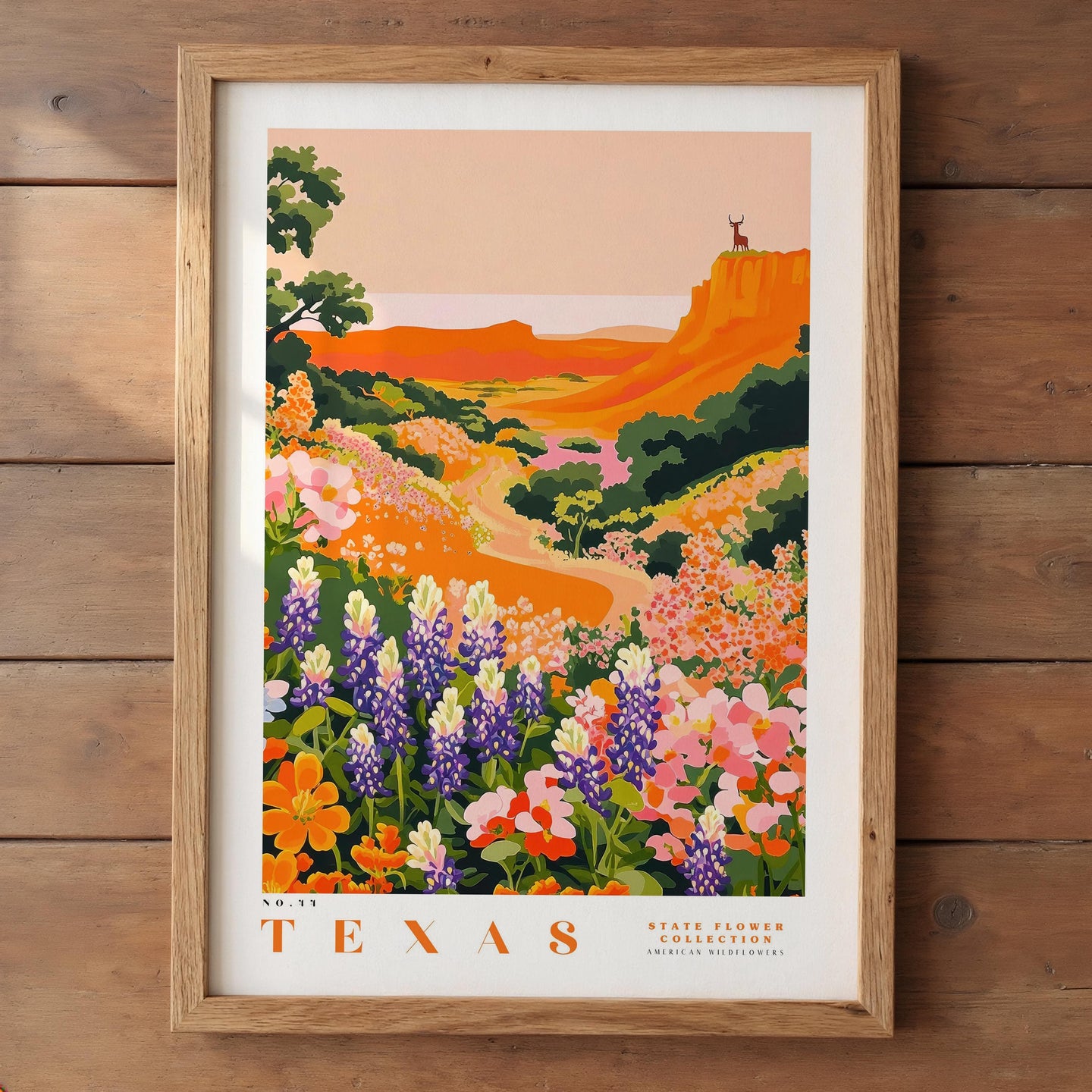 The image is a framed poster depicting a vibrant and colorful landscape of flowers in the state of Texas.