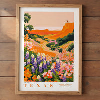 The image is a framed poster depicting a vibrant and colorful landscape of flowers in the state of Texas.