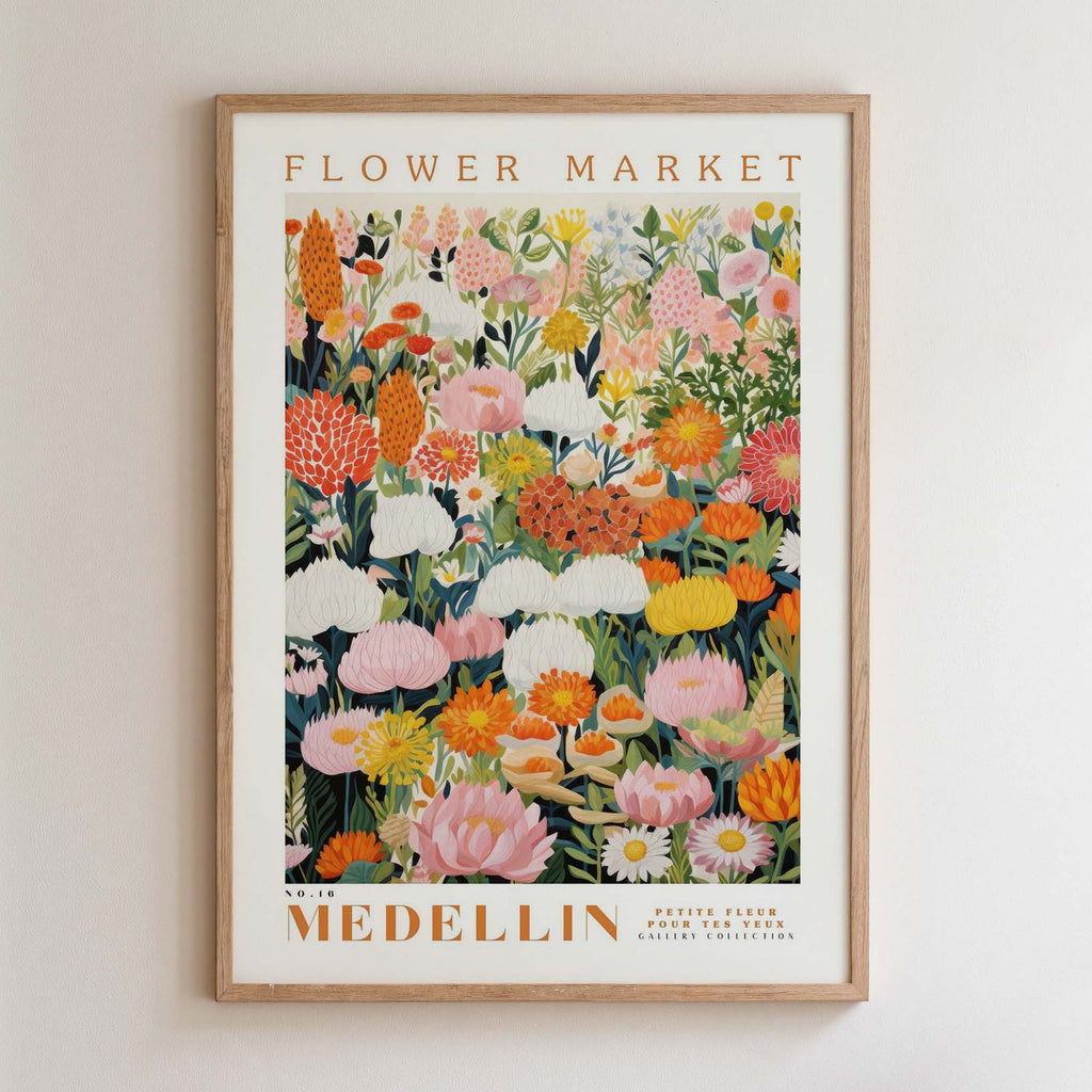 The image is a framed poster depicting a vibrant and colorful floral arrangement, with various types of flowers and foliage.