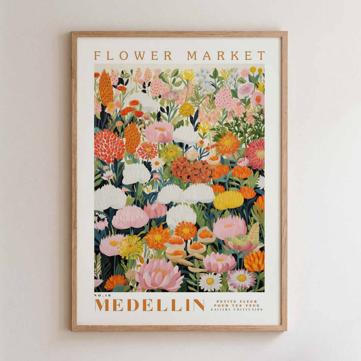 The image is a framed poster depicting a vibrant and colorful floral arrangement, with various types of flowers and foliage.