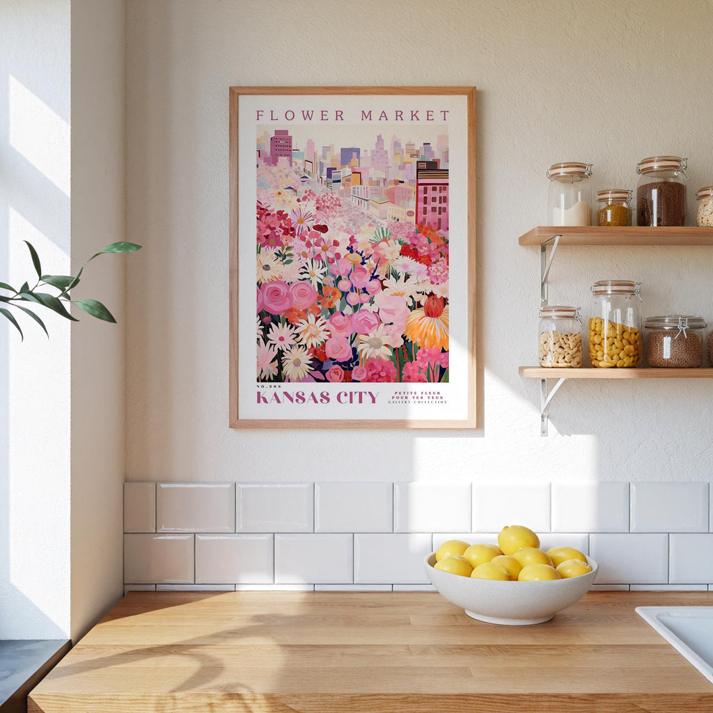a framed poster of a flower market in Kansas City, with a wooden counter and shelves displaying various jars and containers in the background.