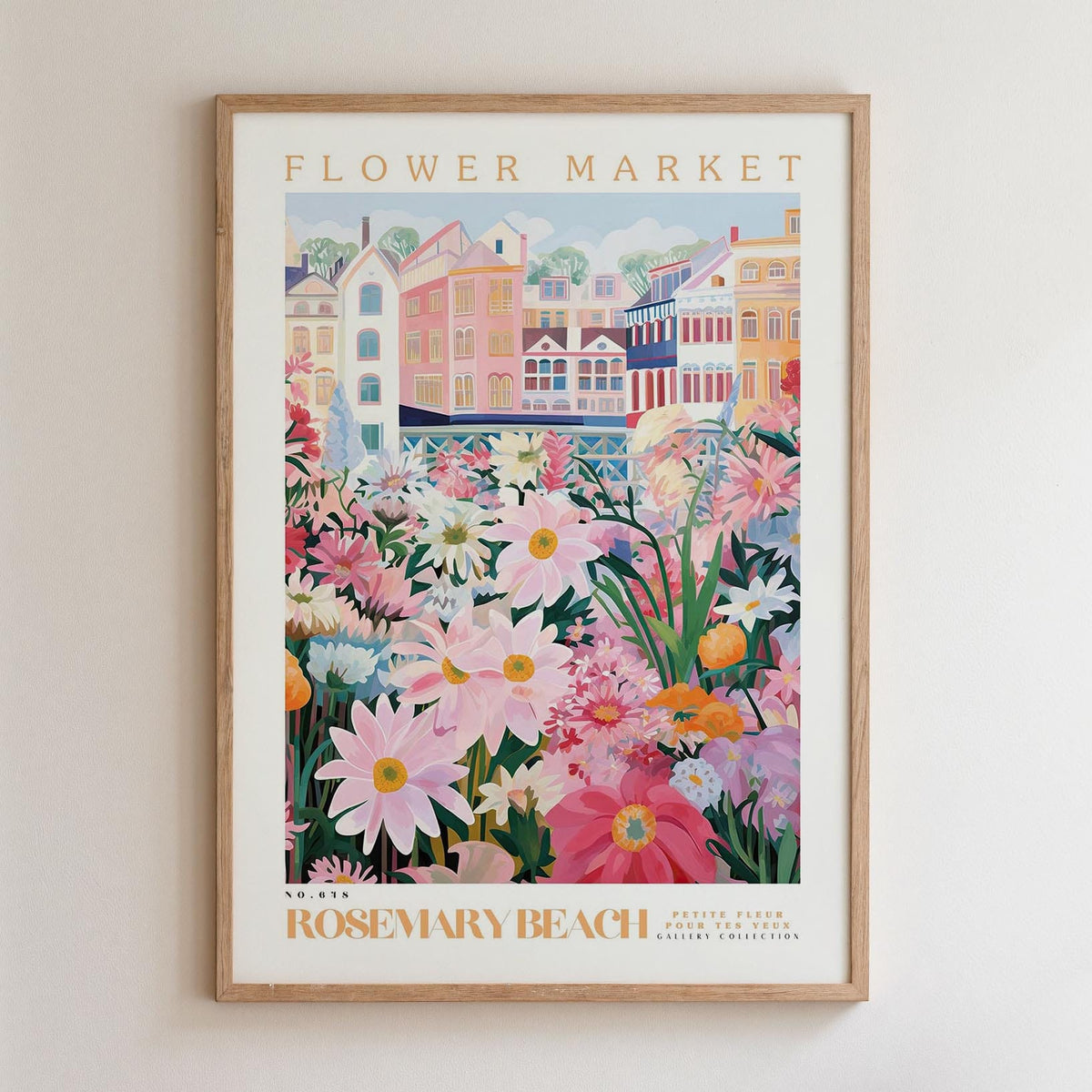 The image is a framed poster depicting a vibrant and colorful flower market in Rosemary Beach, with a variety of flowers and buildings in the background.