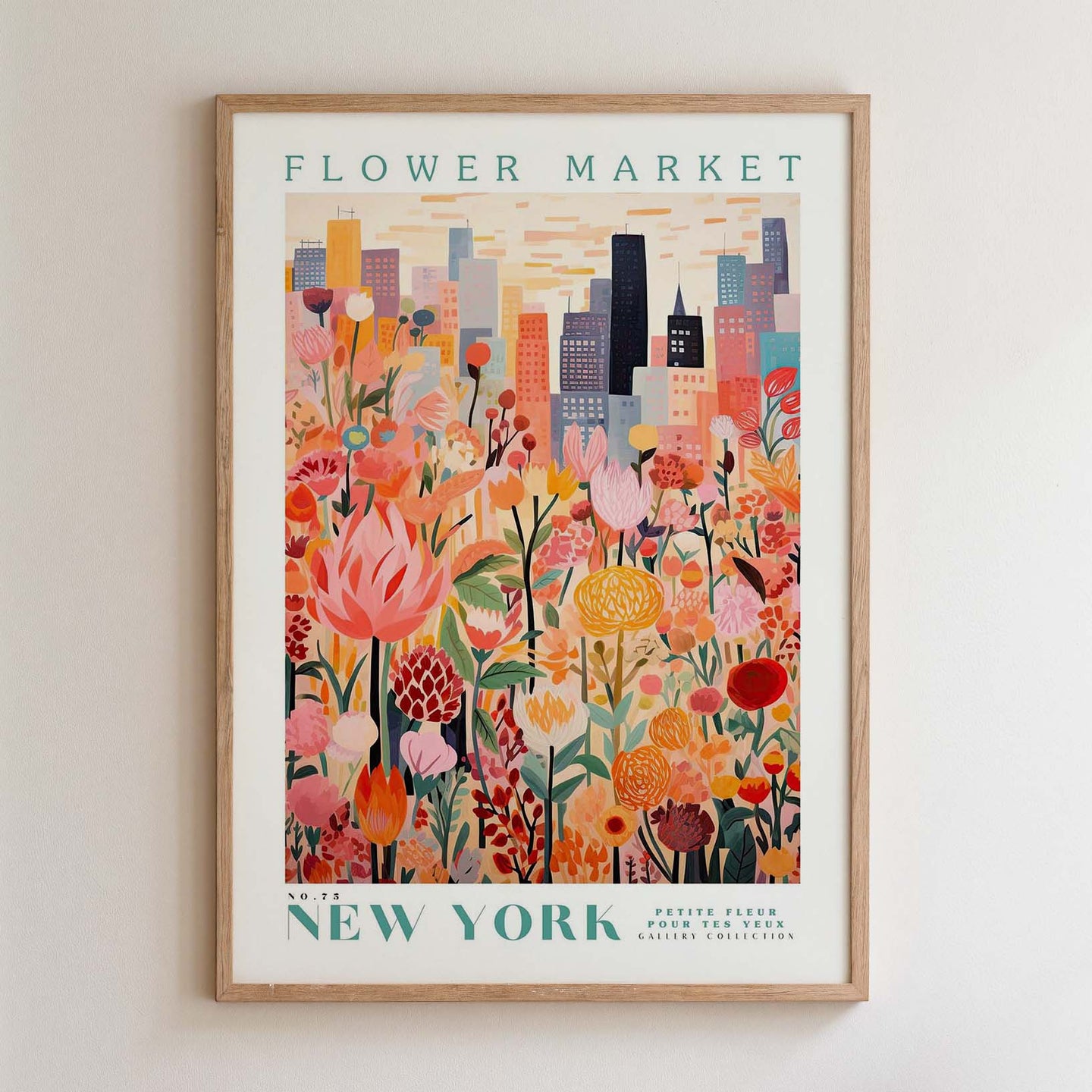 The image is a framed poster depicting a vibrant and colorful illustration of a flower market in New York City, with tall buildings and a city skyline in the background.