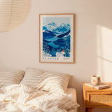 a bedroom with a framed poster of a mountain landscape hanging on the wall above a bed with striped bedding.