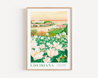 A framed illustration of a scenic landscape in Louisiana, featuring a field of white flowers and a cityscape in the background.