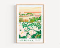 A framed illustration of a scenic landscape in Louisiana, featuring a field of white flowers and a cityscape in the background.