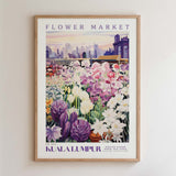 The image is a framed poster depicting a vibrant flower market in Kuala Lumpur, Malaysia.