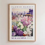 The image is a framed poster depicting a vibrant flower market in Kuala Lumpur, Malaysia.