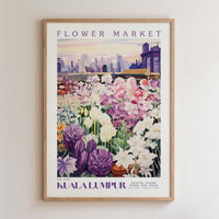 The image is a framed poster depicting a vibrant flower market in Kuala Lumpur, Malaysia.