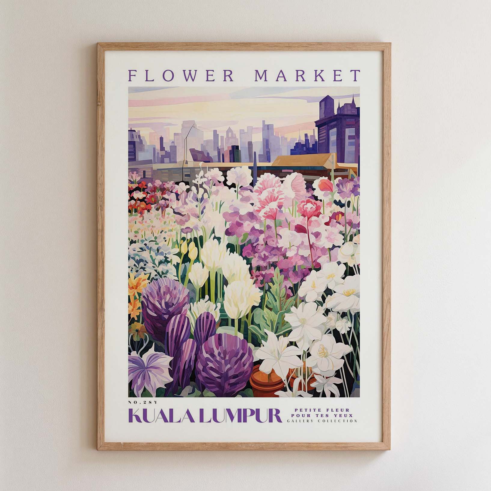The image is a framed poster depicting a vibrant flower market in Kuala Lumpur, Malaysia.