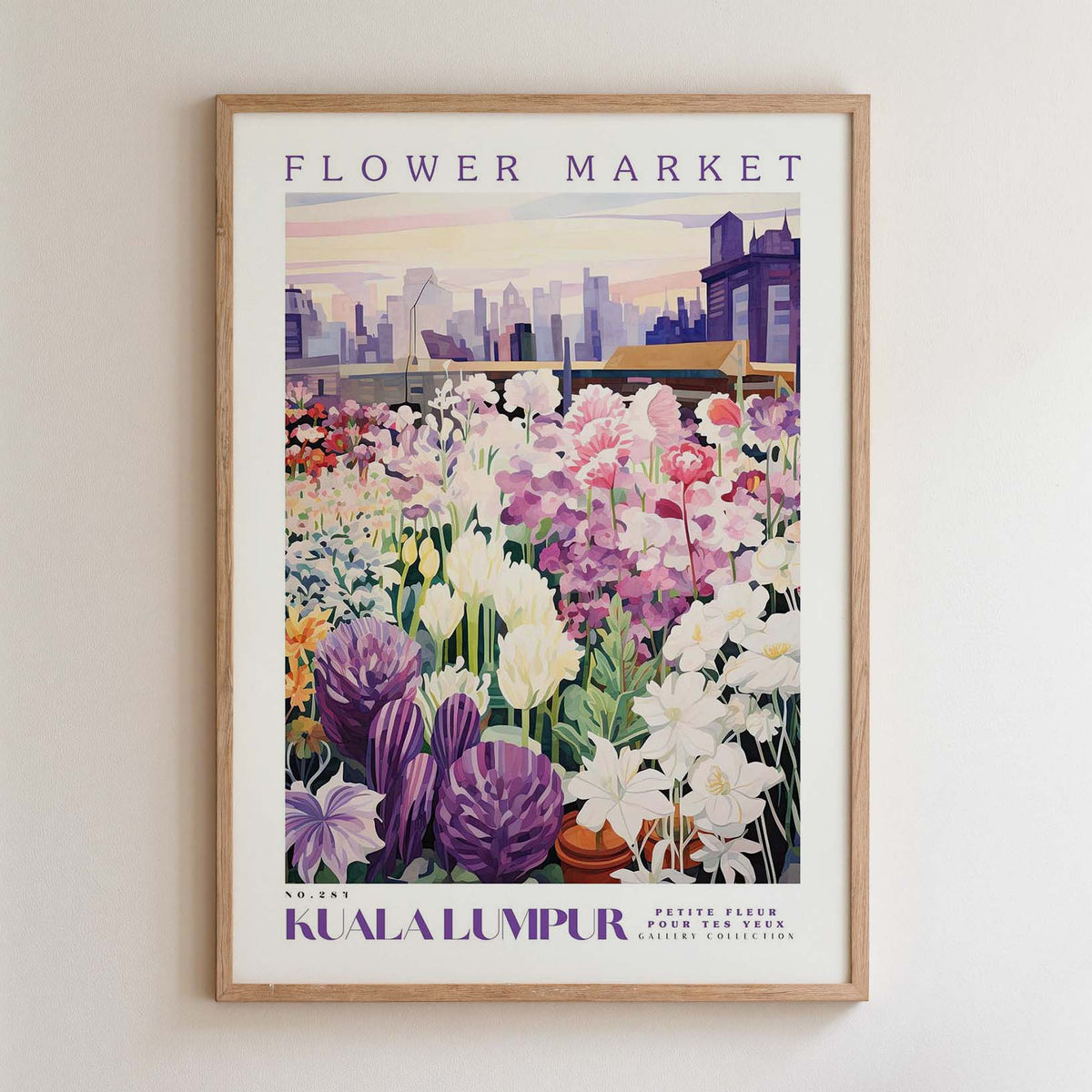 The image is a framed poster depicting a vibrant flower market in Kuala Lumpur, Malaysia.