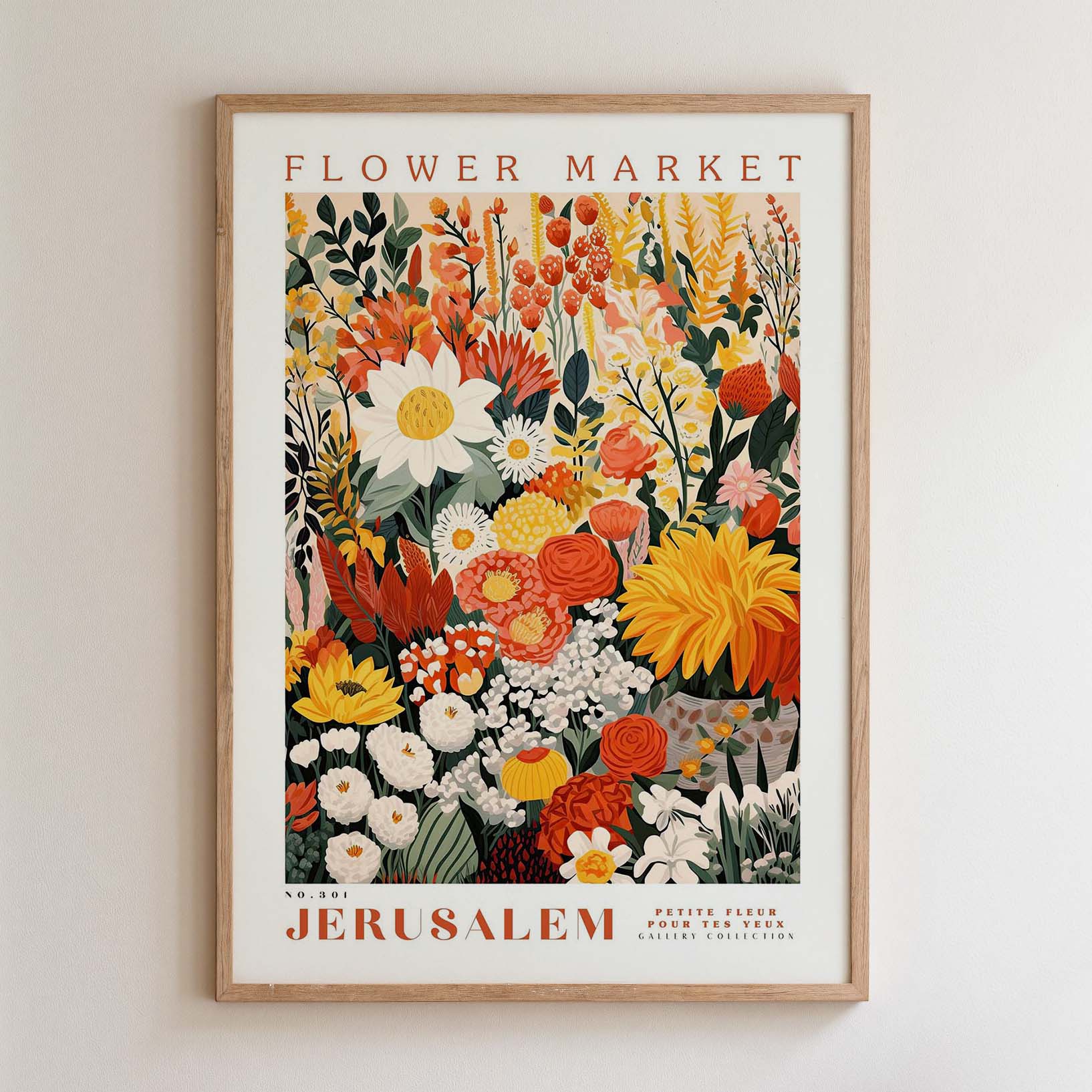 The image is a framed poster depicting a vibrant and colorful floral arrangement, with various types of flowers and foliage. The poster is titled "Flower Market Jerusalem" and is framed with a wooden border.