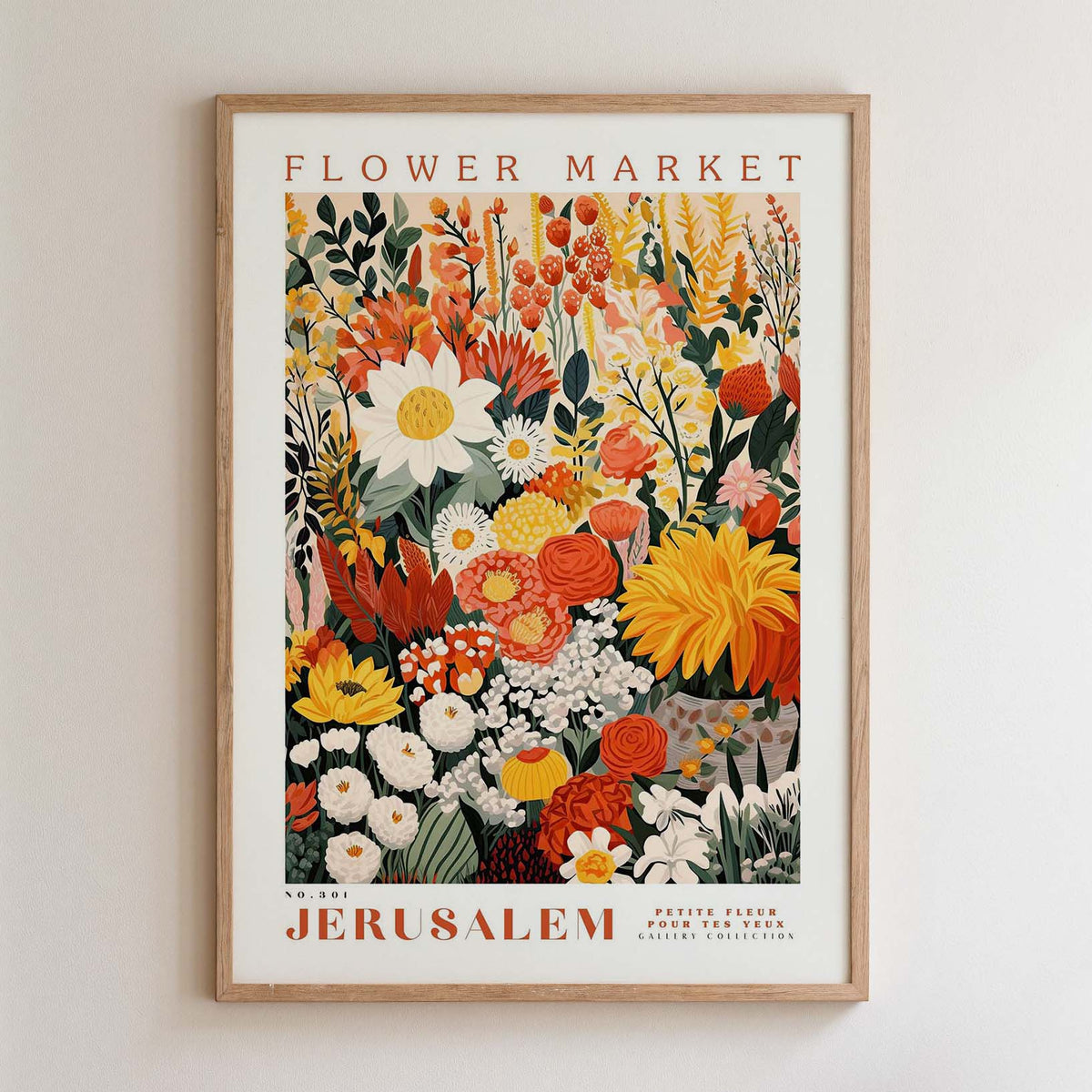 The image is a framed poster depicting a vibrant and colorful floral arrangement, with various types of flowers and foliage. The poster is titled "Flower Market Jerusalem" and is framed with a wooden border.