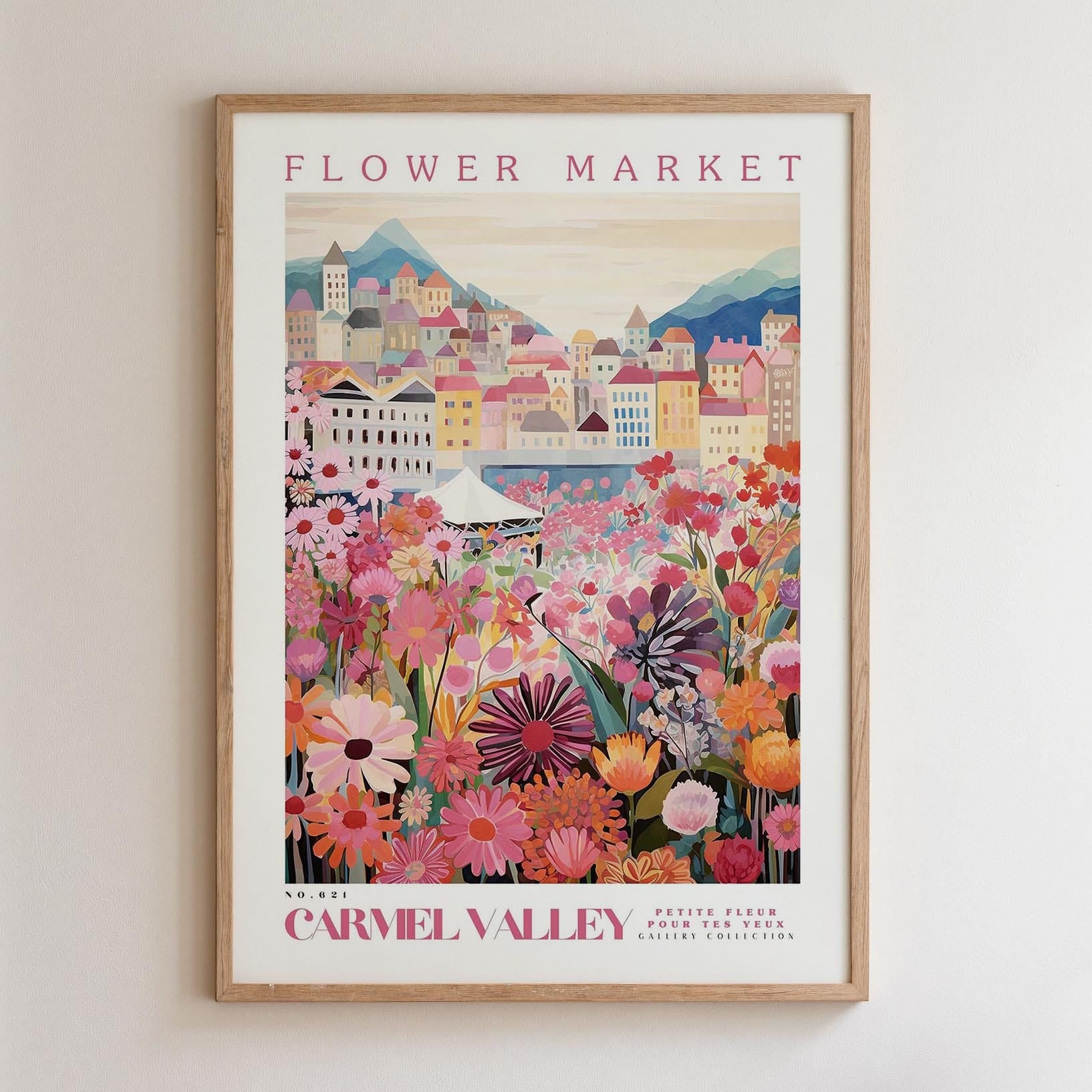 The image is a framed poster depicting a vibrant and colorful flower market in Carmel Valley, France.