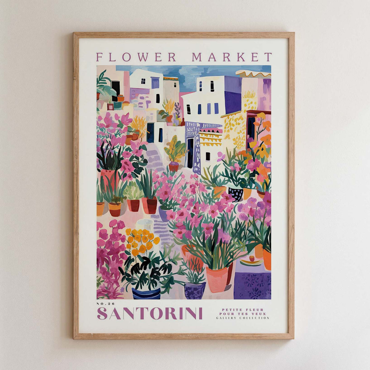 The image is a framed poster depicting a vibrant and colorful flower market in Santorini, Greece.