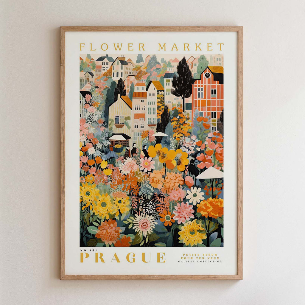 The image is a framed poster depicting a vibrant and colorful scene of a flower market in Prague, Czech Republic.