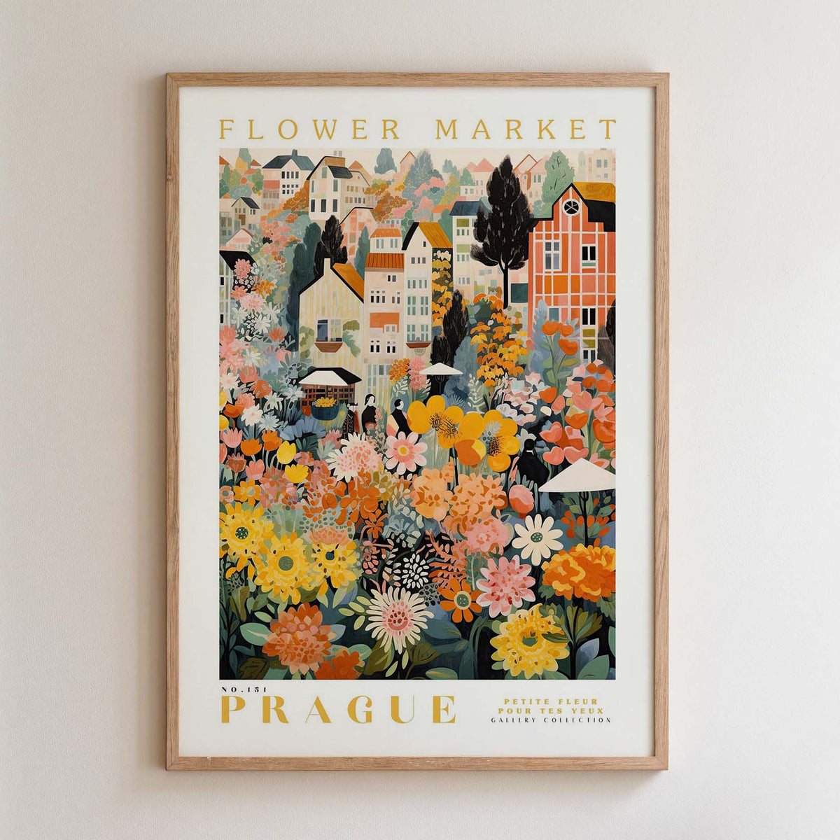 The image is a framed poster depicting a vibrant and colorful scene of a flower market in Prague, Czech Republic.