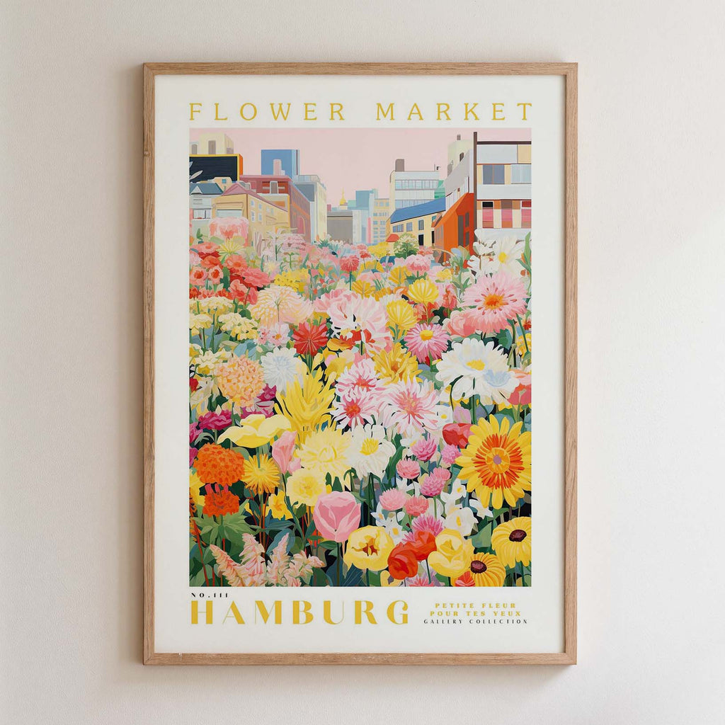 The image is a framed poster depicting a vibrant and colorful flower market in Hamburg, Germany.