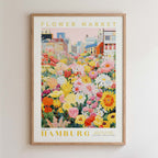 The image is a framed poster depicting a vibrant and colorful flower market in Hamburg, Germany.