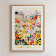 The image is a framed poster depicting a vibrant and colorful flower market in Hamburg, Germany.