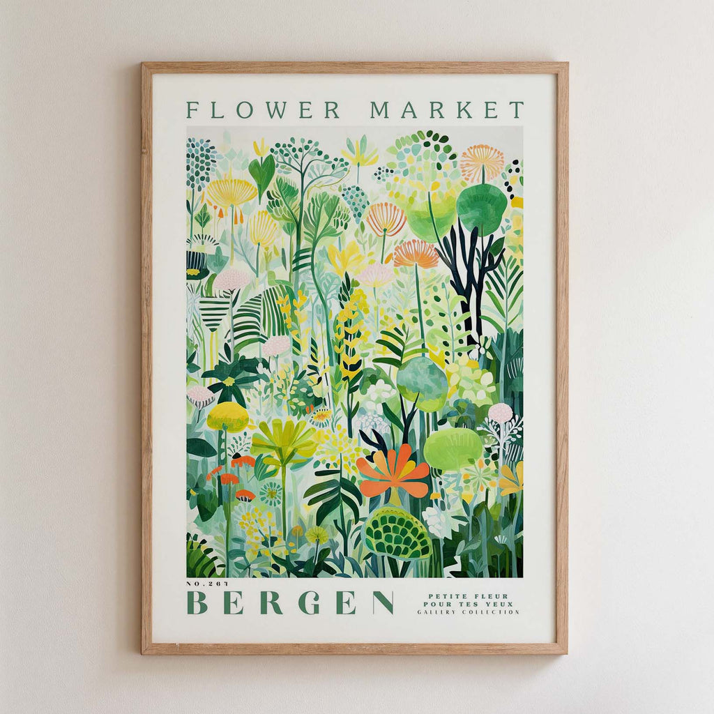 The image is a framed poster depicting a vibrant and colorful floral scene, with various types of flowers and plants arranged in a lush, natural setting.