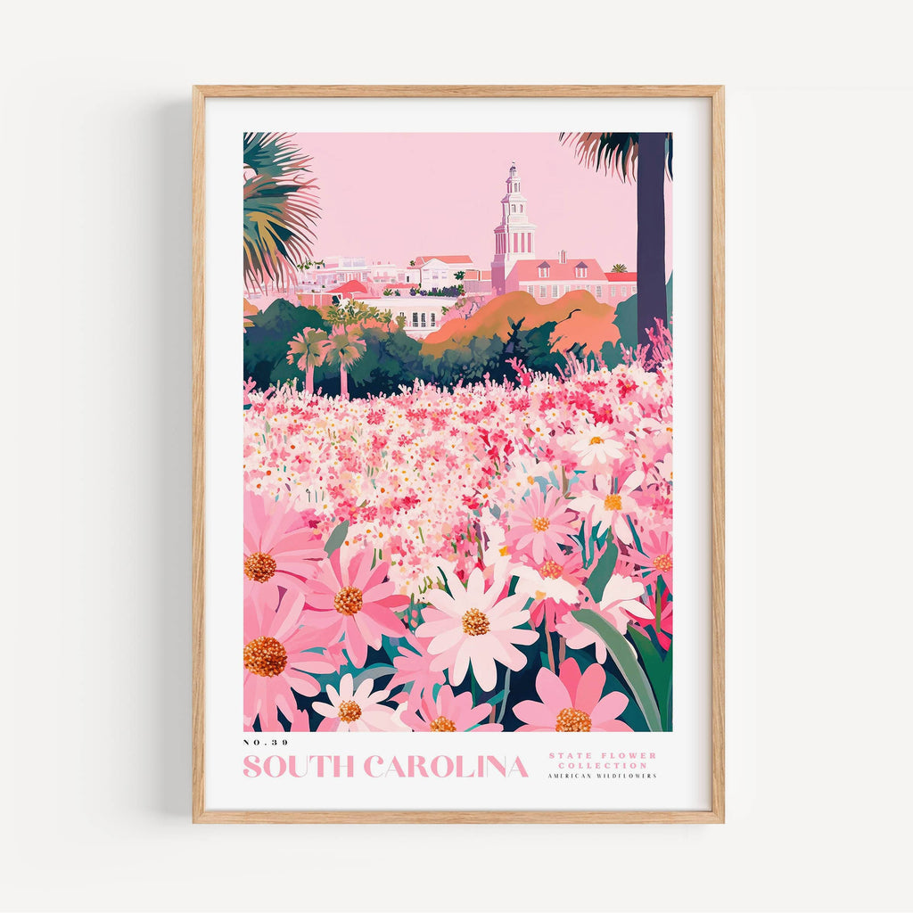 A framed poster depicting a vibrant field of pink and white flowers, with a tall tower in the background, likely representing the South Carolina State Flower Collection.