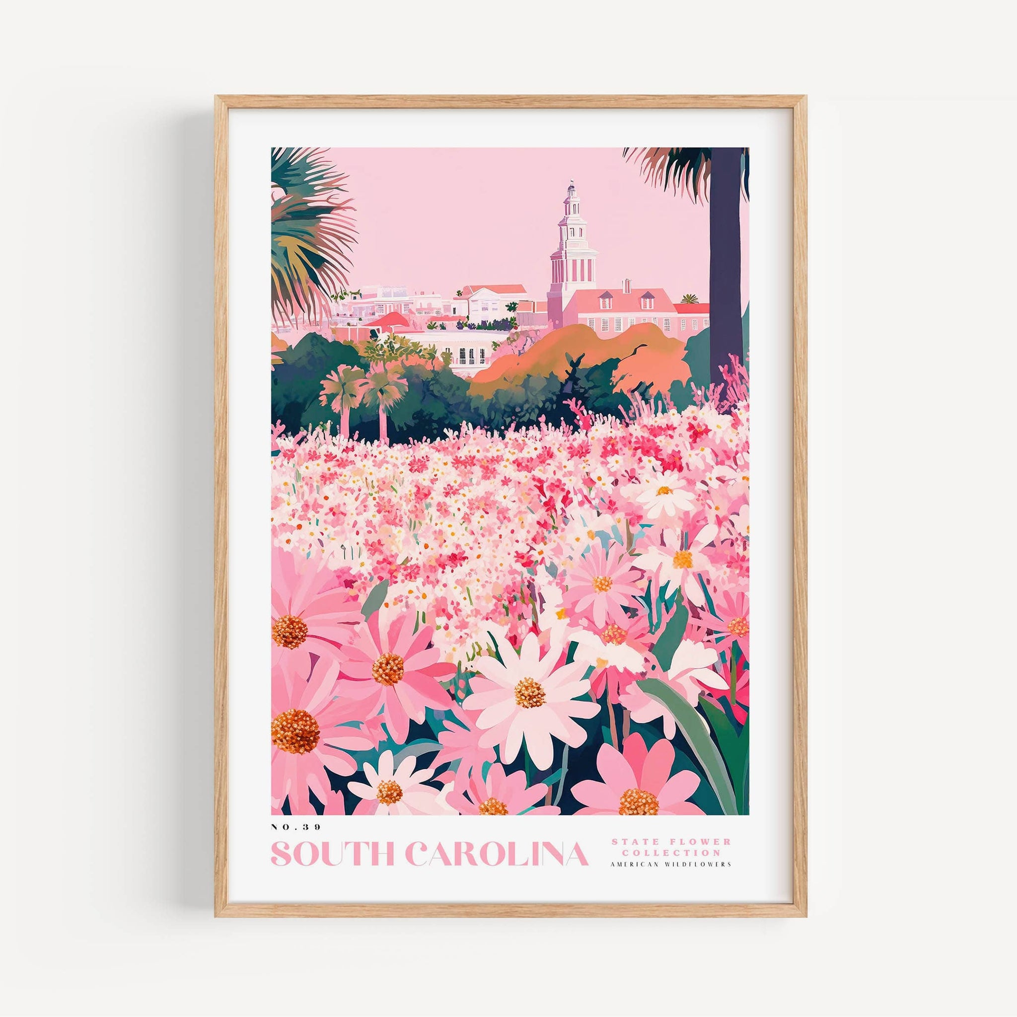 A framed poster depicting a vibrant field of pink and white flowers, with a tall tower in the background, likely representing the South Carolina State Flower Collection.