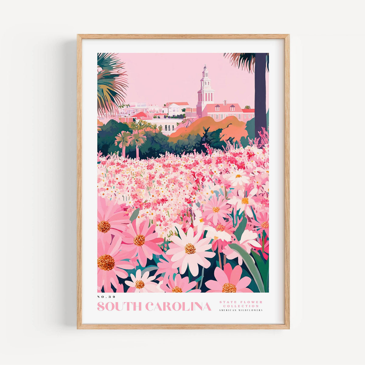 A framed poster depicting a vibrant field of pink and white flowers, with a tall tower in the background, likely representing the South Carolina State Flower Collection.