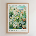The image is a framed poster depicting a flower market in Porto, Portugal.