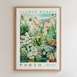 The image is a framed poster depicting a flower market in Porto, Portugal.