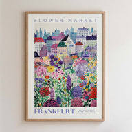 The image is a framed poster depicting a vibrant and colorful flower market in Frankfurt, Germany.