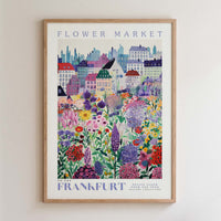 The image is a framed poster depicting a vibrant and colorful flower market in Frankfurt, Germany.