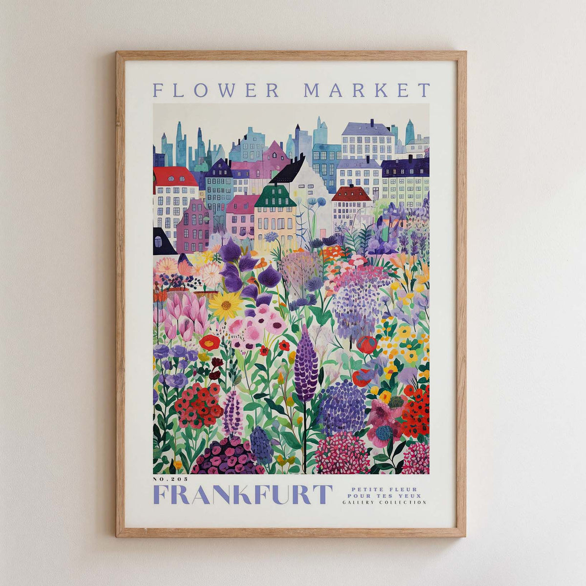The image is a framed poster depicting a vibrant and colorful flower market in Frankfurt, Germany.