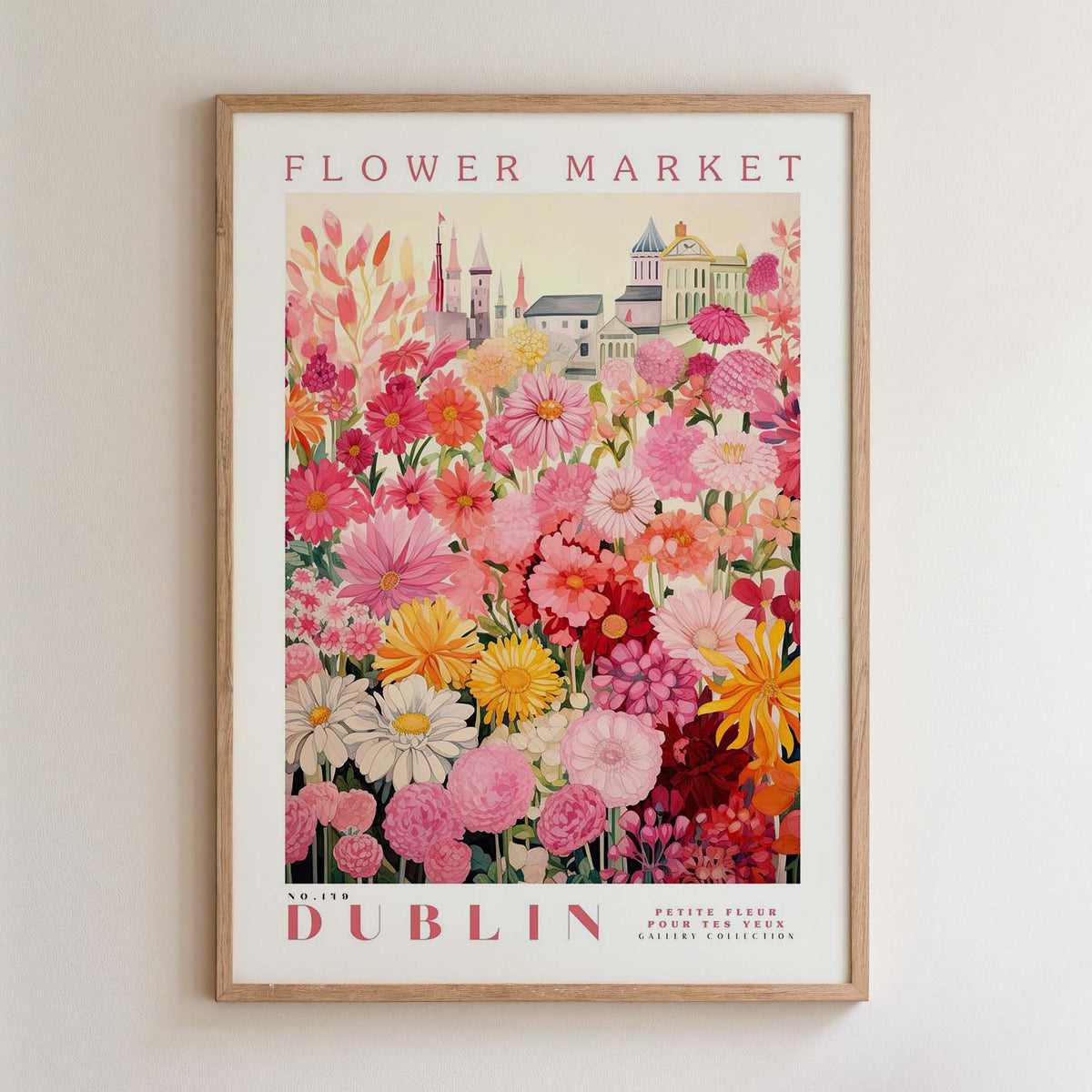 The image is a framed poster of a flower market in Dublin, Ireland.
