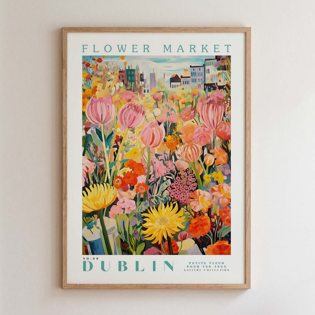 The image is a framed poster of a colorful and vibrant flower market in Dublin, Ireland.