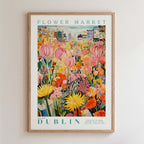 The image is a framed poster of a colorful and vibrant flower market in Dublin, Ireland.