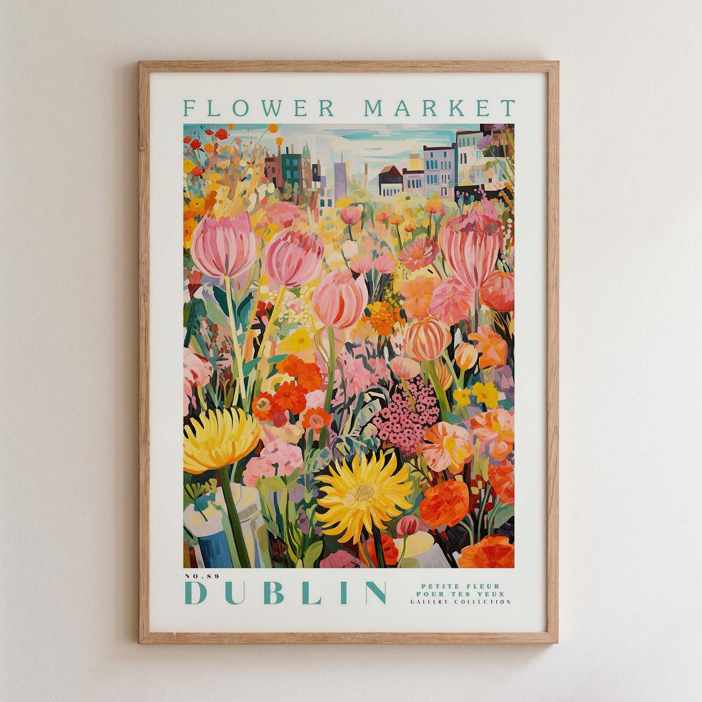 The image is a framed poster of a colorful and vibrant flower market in Dublin, Ireland.
